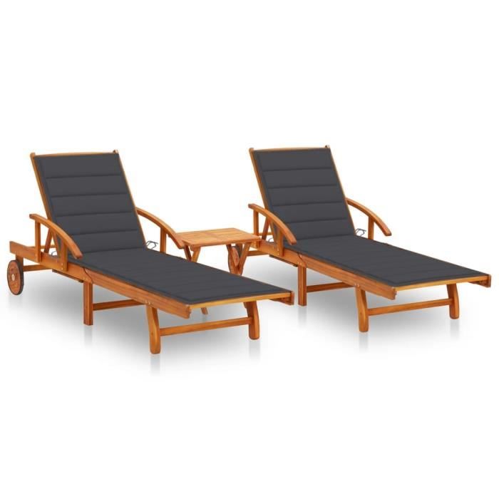 VidaXL Sun Loungers 2 Pcs with Table and Cushions Solid Acacia