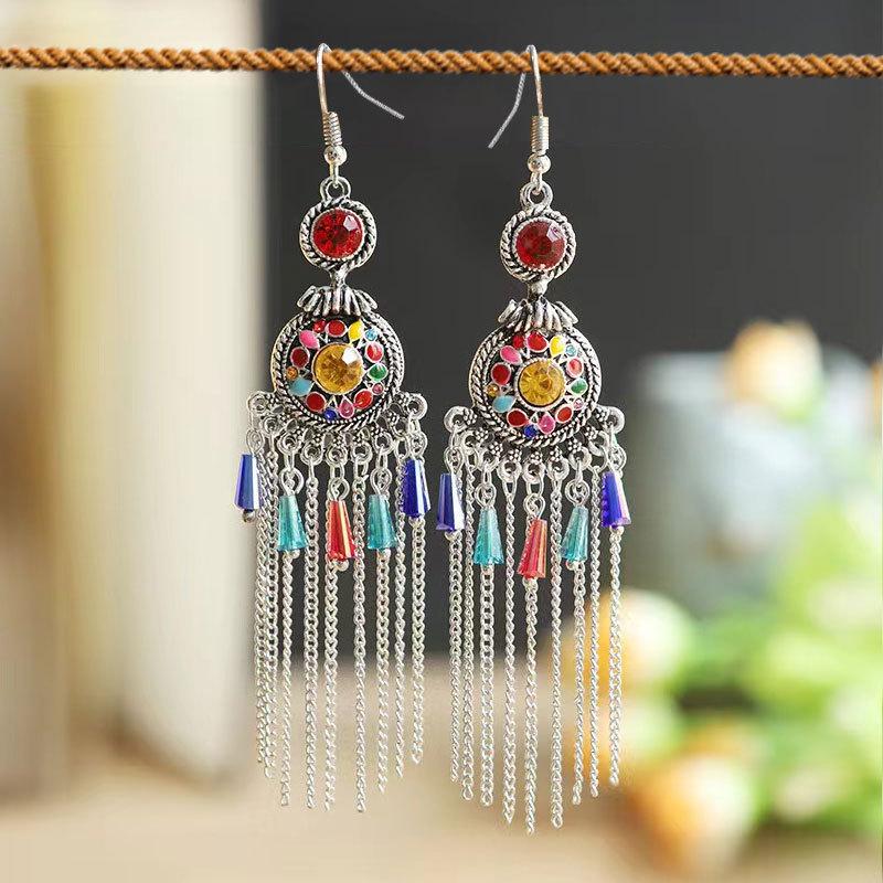 Exotic Style Round Compass Long Chinese Style Earrings Women'S Retro Fringed Temperament Earrings