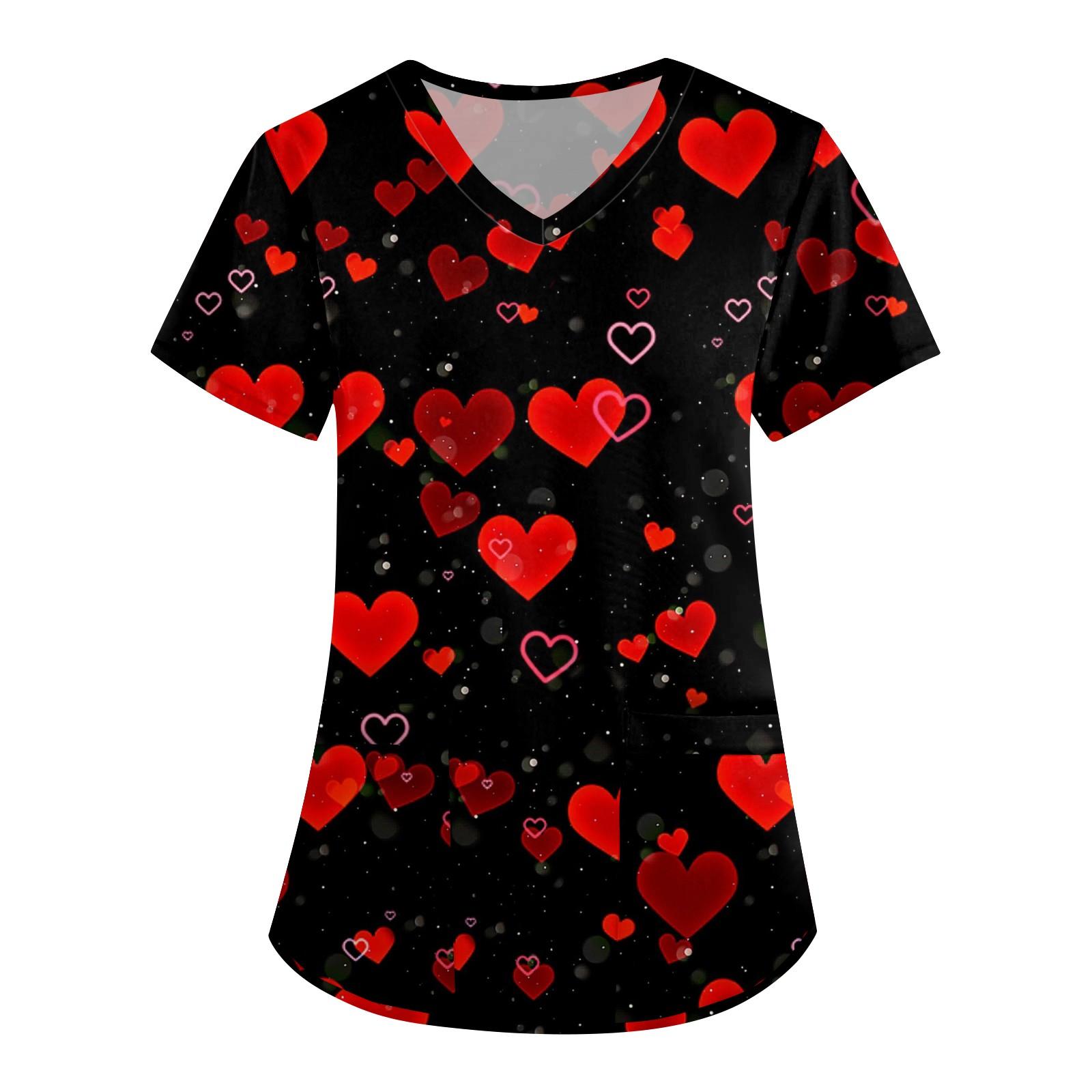 

Женская симпатичная принтованная рабочая одежда с V-образным вырезом, двухслойными карманами, базовым коротким рукавом, пуловером ко Дню святого Валентина XXXL винный