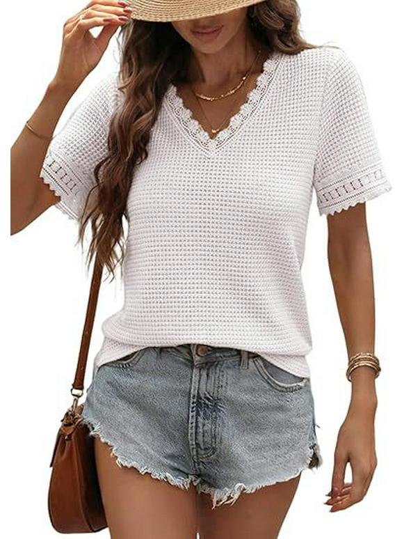 2026 Women's Casual V-neck Short-Sleeved Waffle Knit Top with Lace Patchwork
