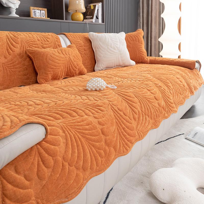 Nordic Style Thick Sofa Cushion Quilted Sofa Towel Anti Slip Dirt Resistant Cat Scratch Resistant Couch Mat Banana Leaf Pattern Slipcover 1PCS