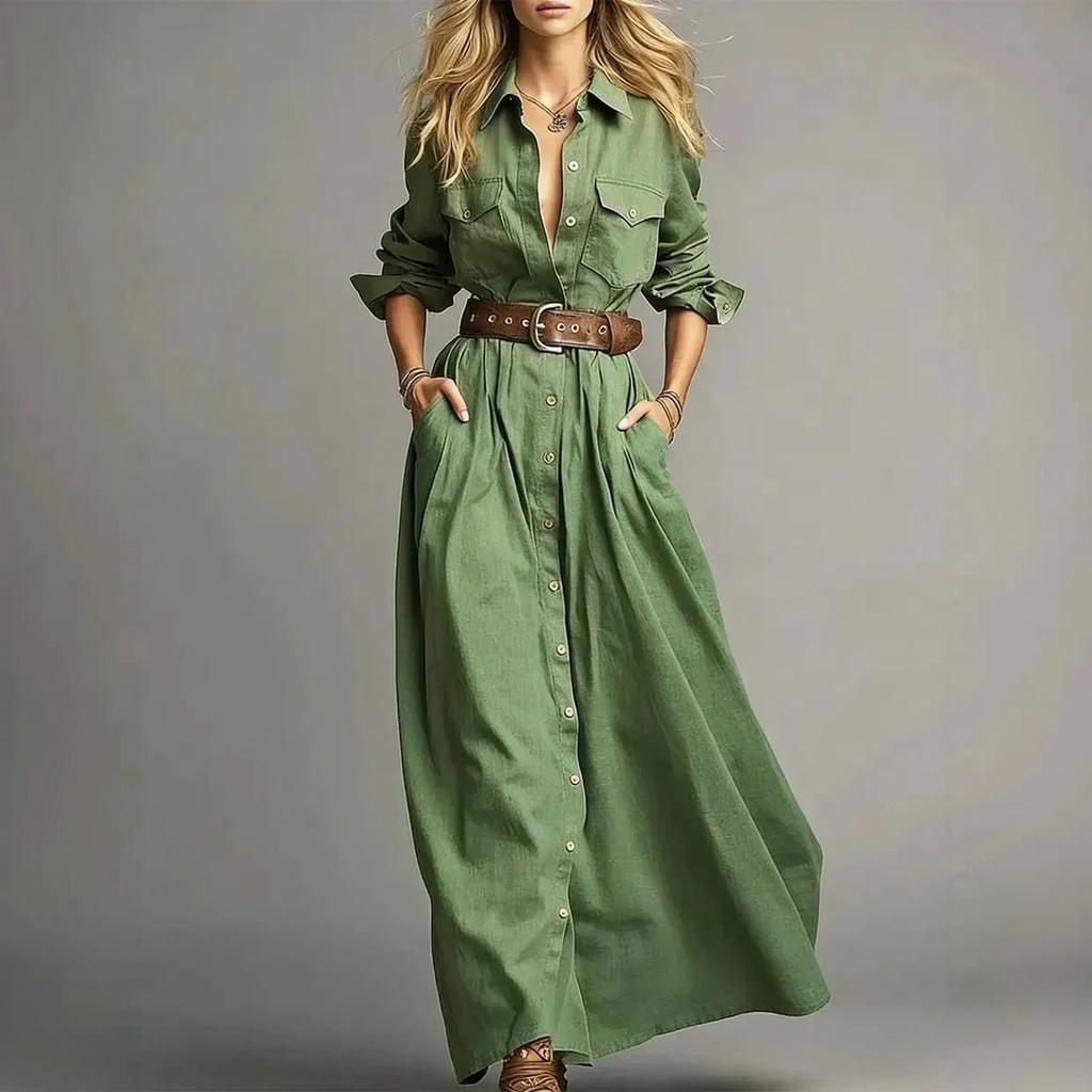 Women's Color Long Sleeve Button Down Shirt Dress - Casual Midi Length for Work