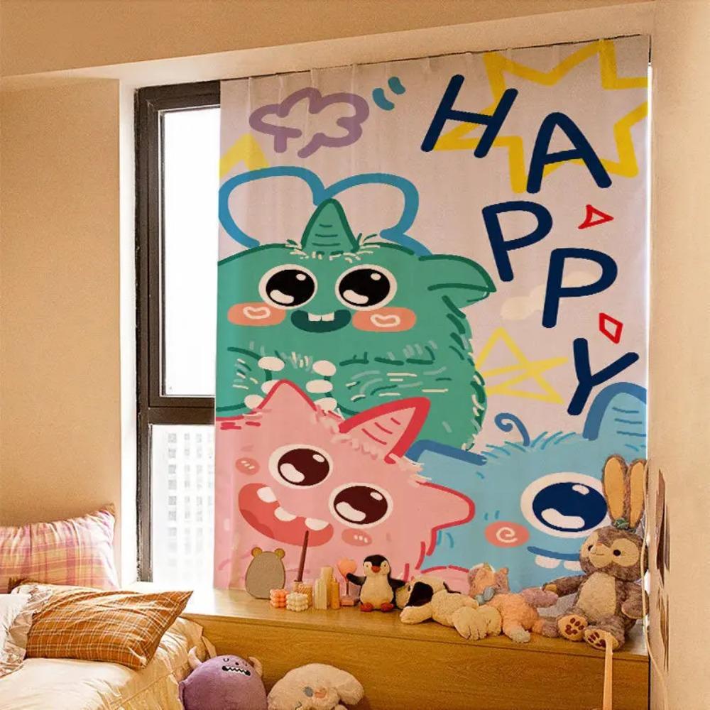 Kawaii Ins Curtain Fabric Punch-free Short Curtain Cartoon Curtains Self-adhesive Wall Cloth for Window Shading