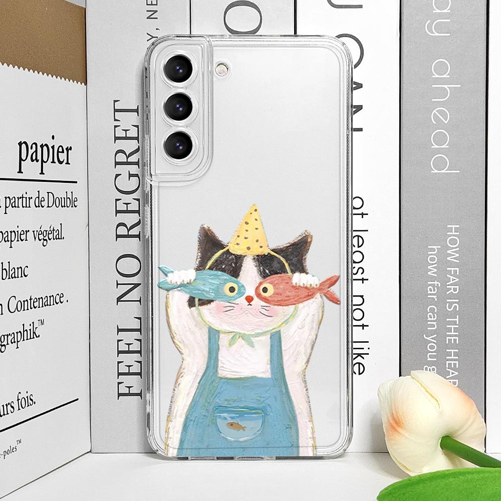 Funny Cartoon Cat Fish Couple Paired Phone Case for Samsung Galaxy S25 Ultra S24 S23 S22 S21 S20 Plus FE A55 5G Clear Soft Cover