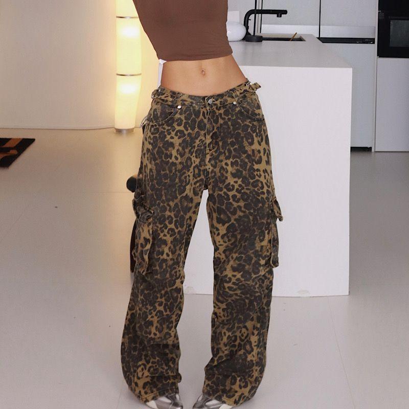 

Fashion American Retro Hip Hop Leopard Print Multi-Pocket Cargo Pants Street All-Match Loose Pants Leopard print routine XL