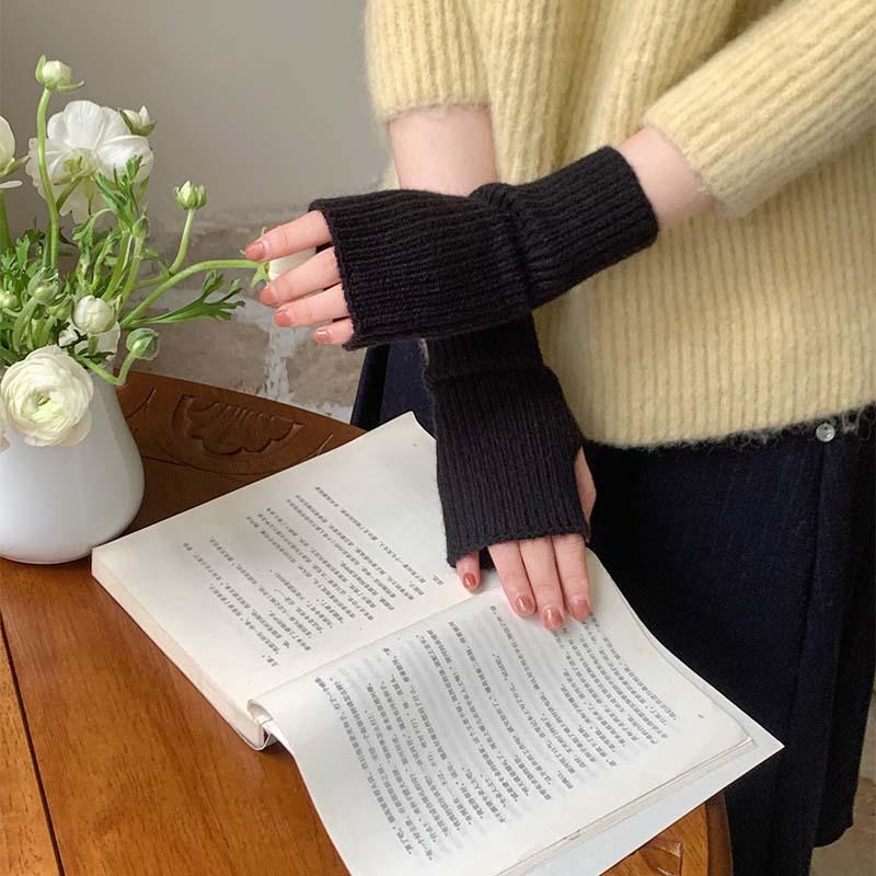 Winter New Style Fresh and Sweet Solid Color Knitted Fingerless Gloves Warm Thickened Fashionable Versatile