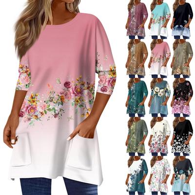 3/4-Ärmel-Taschenoberteile für Damen, T-Shirt, lässiger Druck, mittellange Oberteile, T-Shirt, Rundhalsausschnitt, Pullover, Bluse