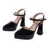 2025 summer pointed thick heel waterproof table high heels women's one-word buckle strap small man heightening bag head sandals