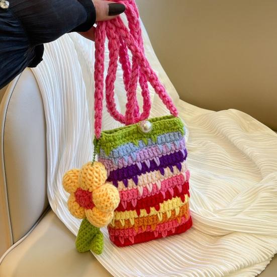 Women Crossbody Bag Colorful Crochet Cartoon Flower Pendant with Faux Pearl Lock Design