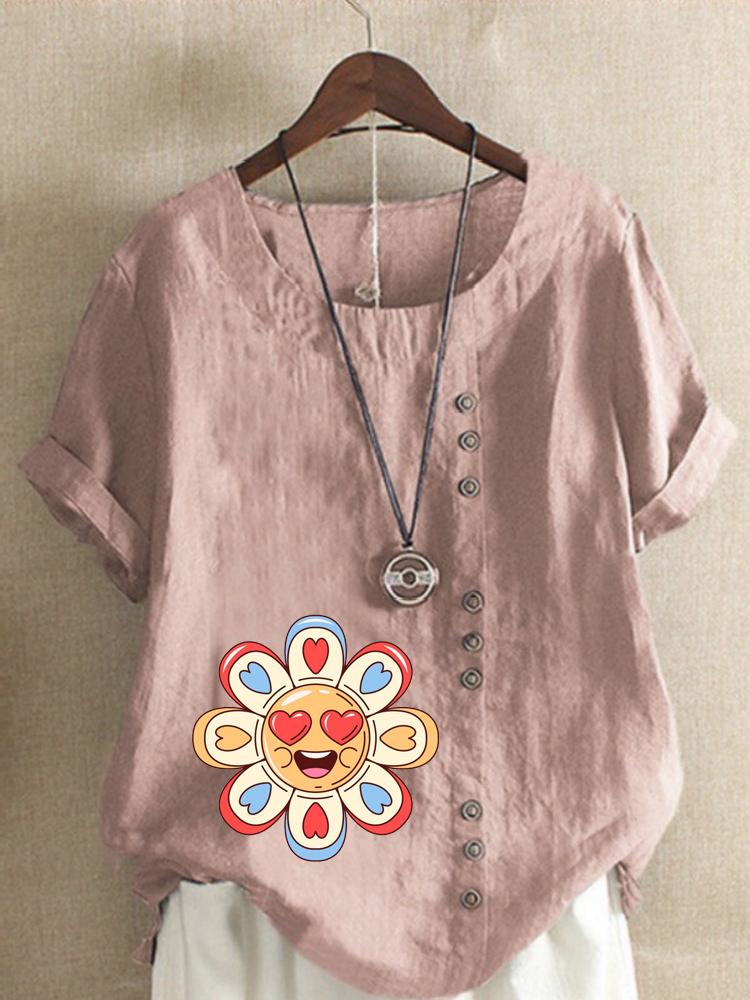 Women's Fashion Love Petal Print Round Neck Short Sleeve T-shirt Casual Cotton Linen Graphic Shirt Leisure Loose Summer Blouse Tops