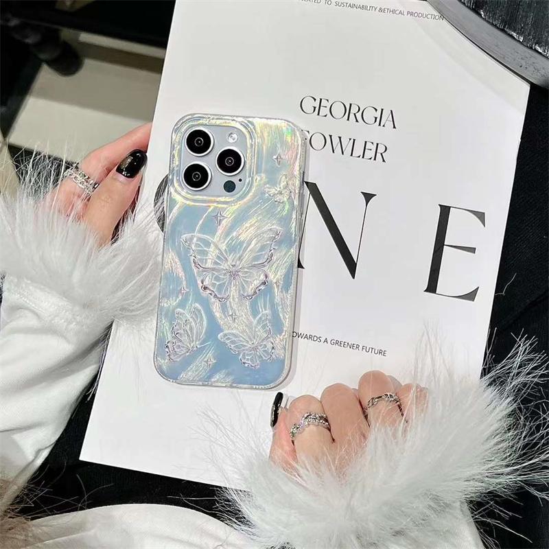 Funda para teléfono con patrón de concha láser de pluma de mariposa coreana para iPhone 15 13 Pro Max 14 Pro 12 11 Cubierta de lujo con purpurina