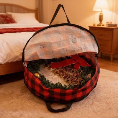 Stackable Plaid Christmas Wreath Storage Bag Waterproof Large Capacity Christmas Garland Packing Bags with Zipper and Handles