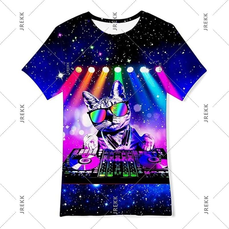 Neon Hip Hop Kat T-shirt Voor Mannen Carnavalsfeest Ronde Hals Korte Mouw T-shirts Hip Hop Straat 2025 Zomer Trend Sterren Ruimte Tee