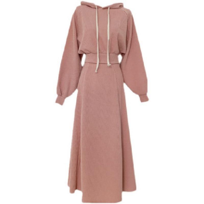 Autumn and Winter Style Loose Long-sleeved Hooded Sweatshirt High-waisted Long Skirt Two-piece Set