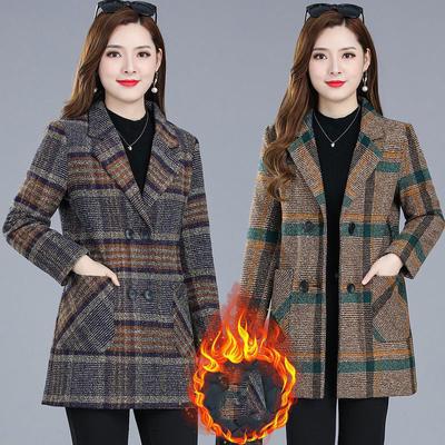Autumn and Winter Coat Fleece Woolen Coat Women's Mid-Elderly Mothers Wear Cotton Trench Coat Female Plaid Outwear Female