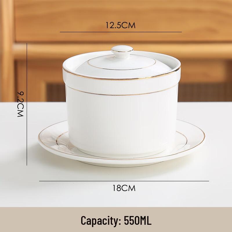 Elegant Gold Rim Ceramic Double Boiler Stew Pot