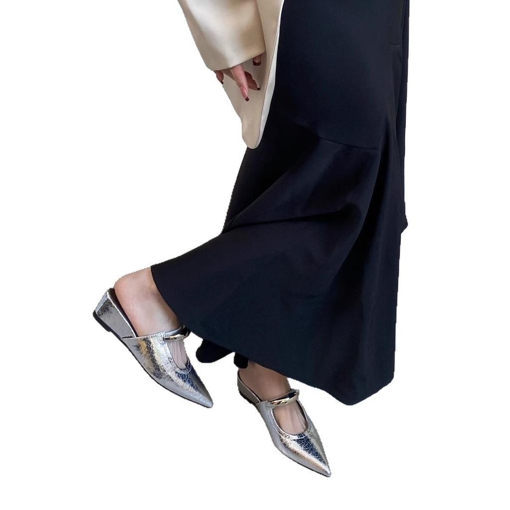 Temperament pointed metal word with bag head half slippers 2025 new wedge heel middle heel muller shoes platform women's sandals