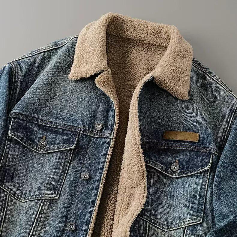 Men's 2025 Autumn/Winter Retro Plush Lined Denim Jacket - Trendy Loose Fit with Warm Lambswool.