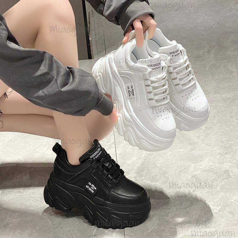 Fashion White Black Chunky Sneakers Women Spring Autumn Thick Bottom Shoes Woman Fashion PU Leather Platform Casual Sneakers Ladies