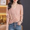 Fashion temperament drawstring top Hollow design Simple long-sleeved solid color v-neck knitted sweater Skinny women's summer