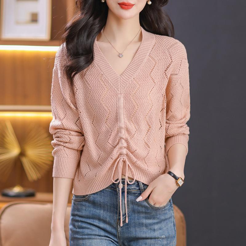 Fashion temperament drawstring top Hollow design Simple long-sleeved solid color v-neck knitted sweater Skinny women's summer