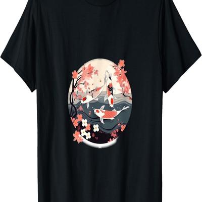 T-shirt Art Poissons Koï et Fleurs de Cerisier Beauté Gracile
