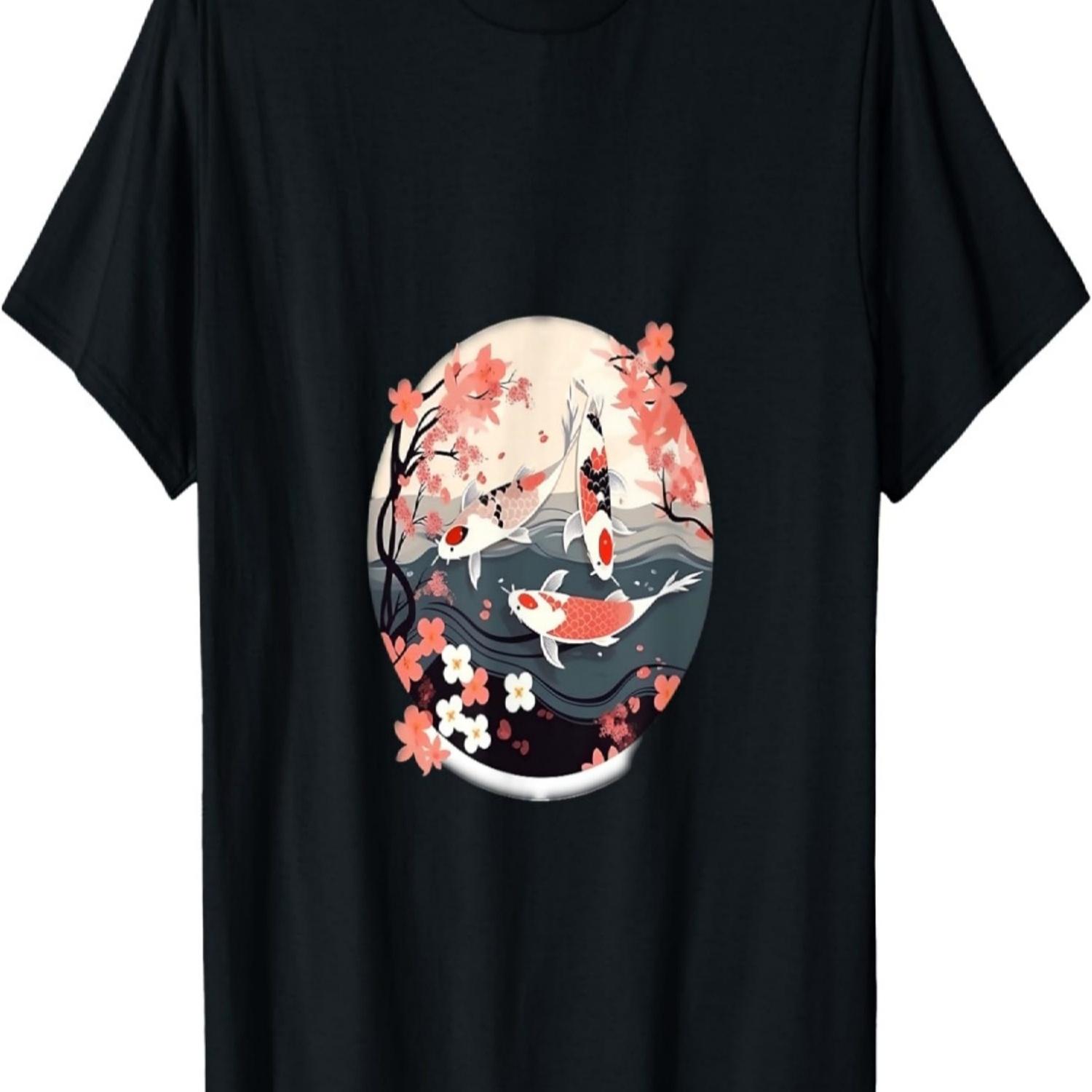 Graceful Beauty Koi Fish and Cherry Blossom Art T-Shirt S чёрный