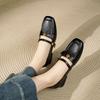 Soft Leather Retro Single Shoes Women's Thick Heel One-word Buckle with Mary Jane Shoes Commuter Single Shoes Camellia Black Work Shoes
