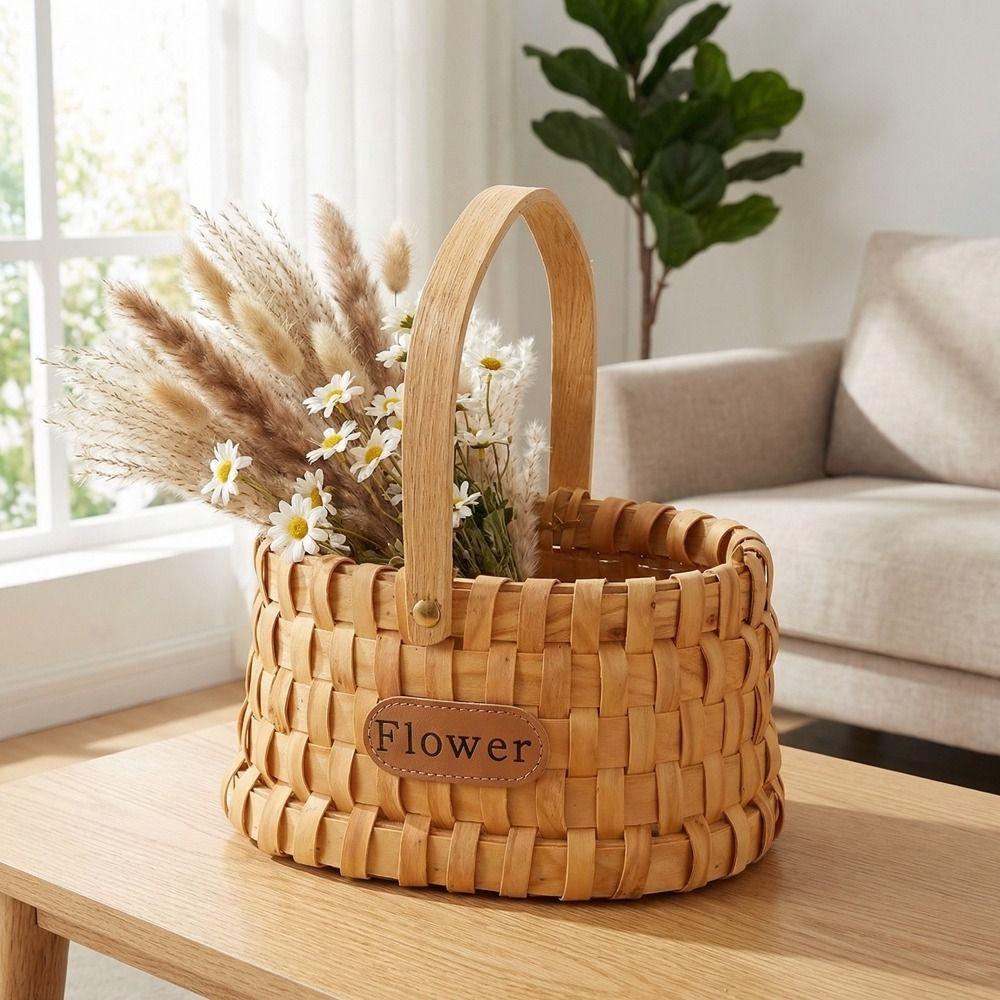 Practical Rustic Style Handwoven Flower Basket with Handle Handmade Storage Basket Serving Basket Organizer Basket Holiday Gift