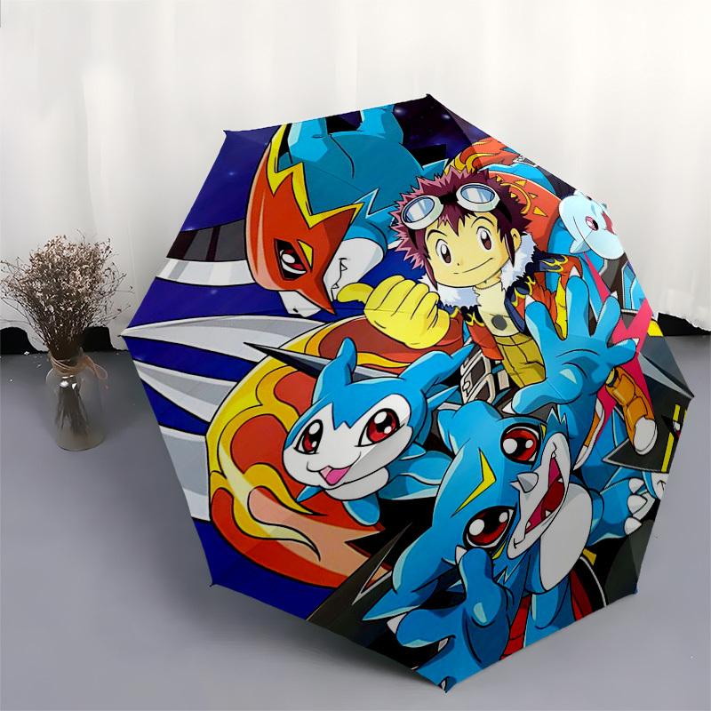 1pc Outdoor Umbrella with Digimon Characters - Automatic Opening/Closing, Portable 3-Fold Design, 8-Rib Iron Frame - Perfect Gift for Fans, Trave
