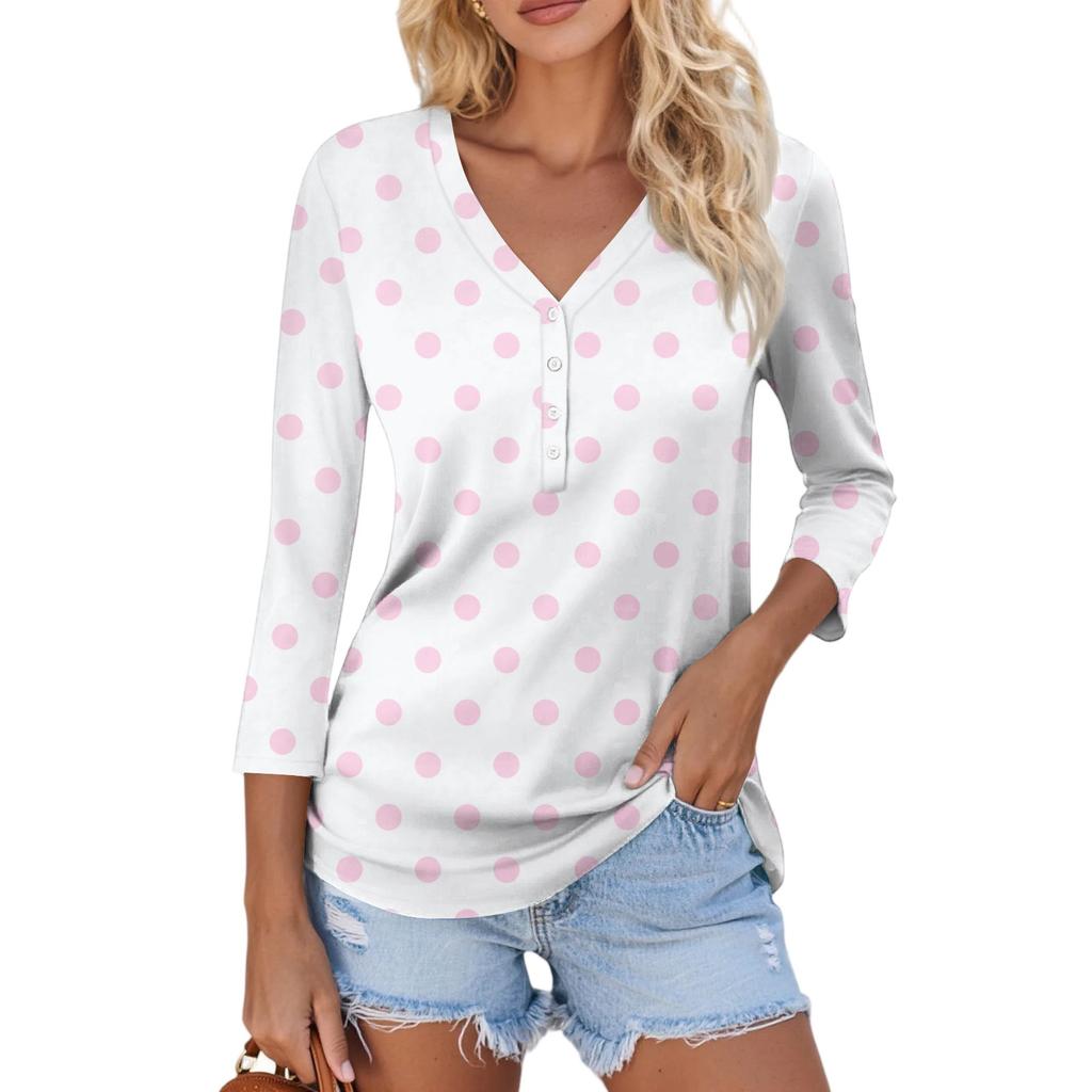 Women's Casual Fashion Sexy Comfortable V-Neck Button Spotted Three-quarter Sleeve Top