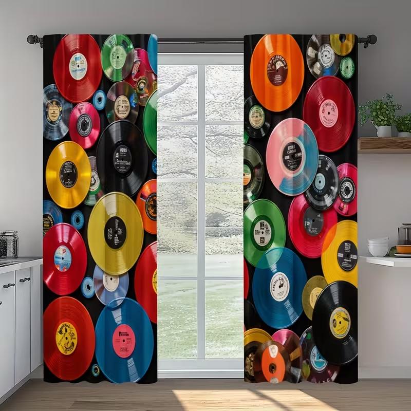 Set di 2 Tende con Stampa di Dischi Retrò Adatte Camera da Letto Soggiorno Cucina Decorazione Finestra Casa Realizzate in Poliestere Trattamento Area