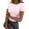 Damen T-Shirt mit schmaler Unterseite, modisch, lässig, einfarbig, Rundhalsausschnitt, Pullover, kurzärmelig