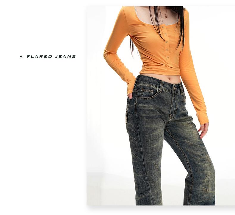 Damskor med hög midja, retro utsvängda jeans: Lös passform, golvlang hovformad design
