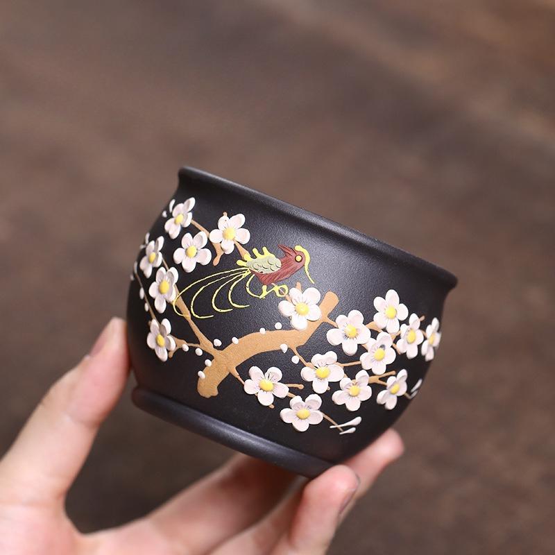 Purple sand mud painting applique flower and bird master cup kung fu teacup large capacity tea cup purple sand cup