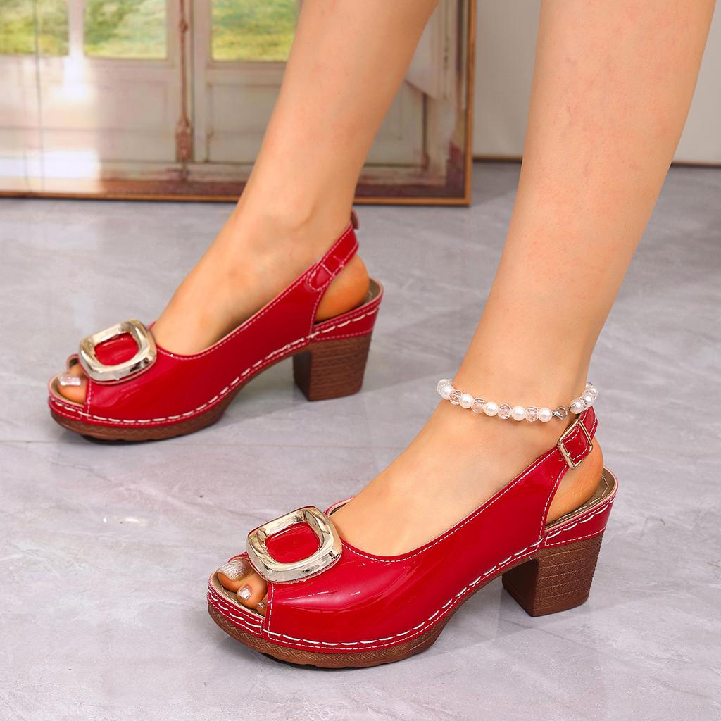 Mode Plus Size Dames Sandalen Zomer Nieuw Ronde Neus Open Teen Metaal Eén Woord Gesp Zachte Zool Blokhak Vissenmond Hoge Hakken