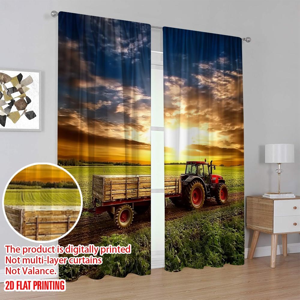Set Of 2 Flat Printingfield Sunset Tractor Western Country Farm Scene Iving Room Bedroom College Dorm Office Curtain Polyester Ideal For