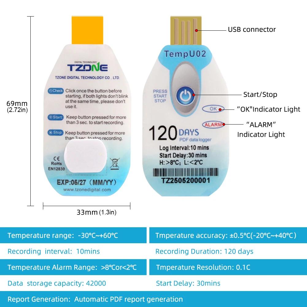 USB Temperature Data Logger Single Use Temp Record 18000 Data Capacity Freezer Logger 60/90/120/180 Days For Cold Chain Storage