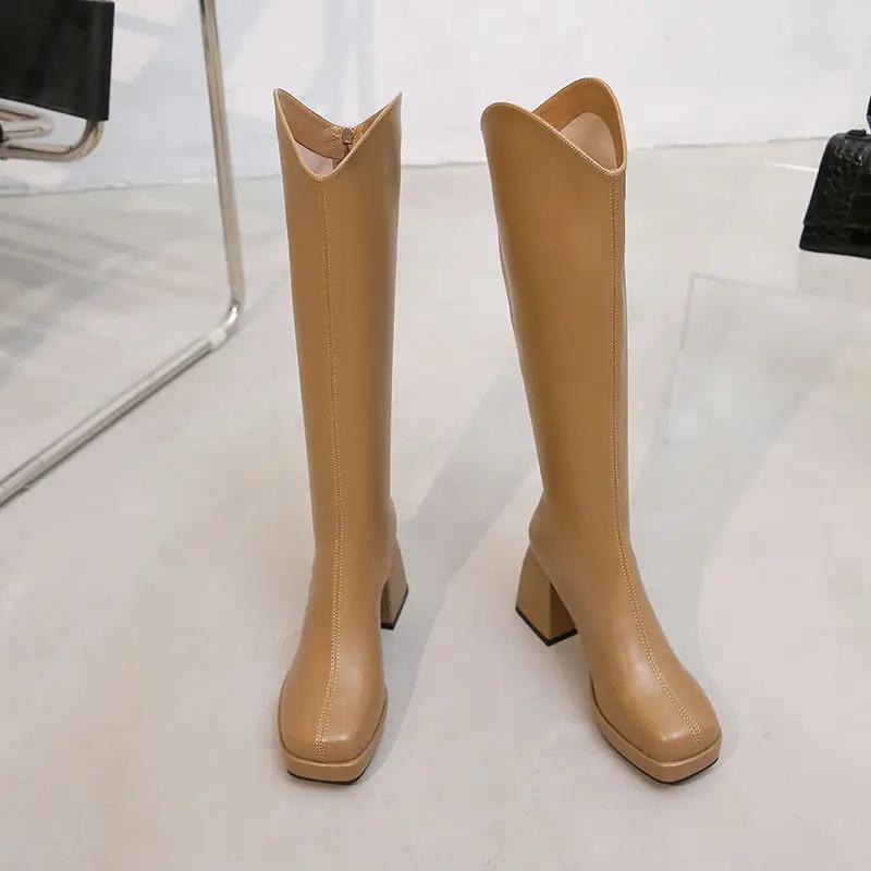 Fashion Middle Heel Solid Color Long Boots for Women New In Large Size Warm Fashion 2024 Y2k Work Boot Pu 39 Knee High Shaft Shoes Woman