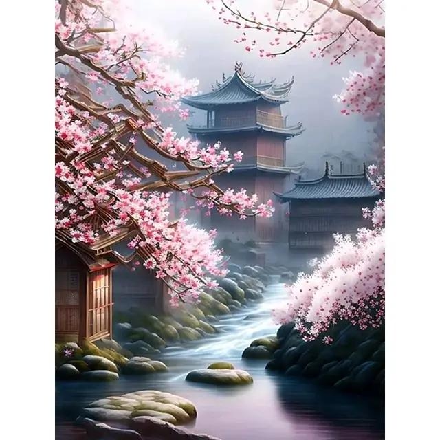 5D Diy Diamond Embroidery Sakura Bridge and Palace Diamond Painting Needleworks Cross Stitch Needleworks Home Decor J3479