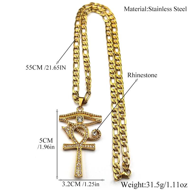 Stainless Steel Eye of Ra Horus Ankh Cross Pendant Necklaces for Women Men Mythology Rhinestones Egyptian Eyes Symbol Jewelry