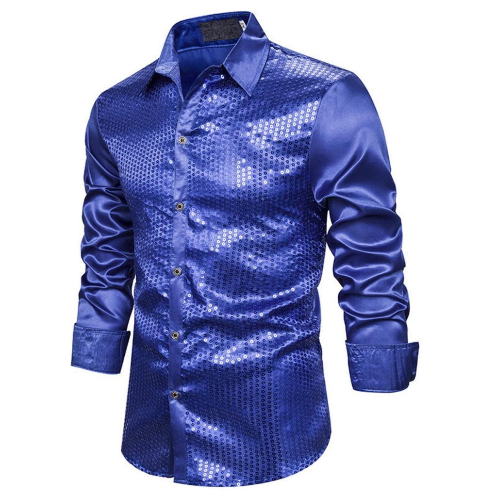 Men's Casual And Fashionable Lapel Gold-embossed Sequined Top, Men's Lapel Long-sleeved Button-down Shirt