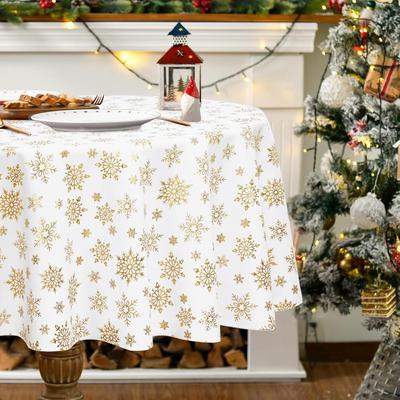 Christmas Table Cloth Round Waterproof White Gold Snowflake Tablecloth, Washable Metallic Xmas Table Cover Spillproof Winter