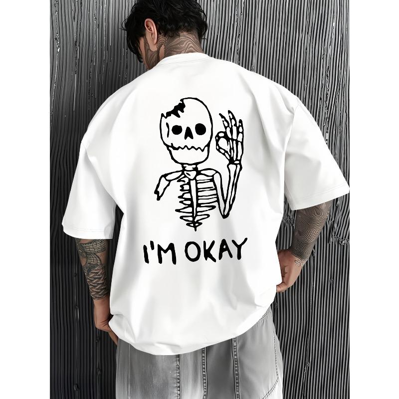 

Short-Sleeve Shirt for Trendy Guys Featuring a Skull Pattern, with a Unique Slogan I M OKAY Print on The Back, Offering a Loose And Casual Fit 2XL белый
