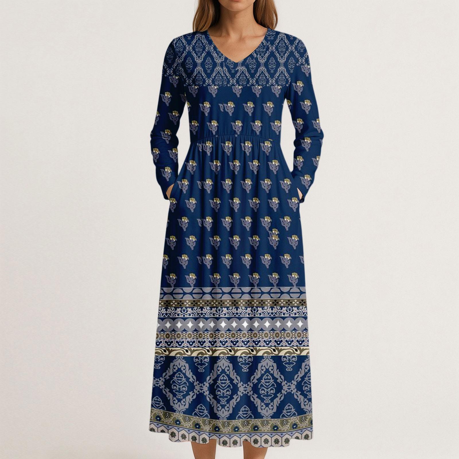 

Dress For Women Long Boho Beach Dress Elegant Maxi Dress V-Neck Long Sleeve Dress With Pockets M Темно-синій