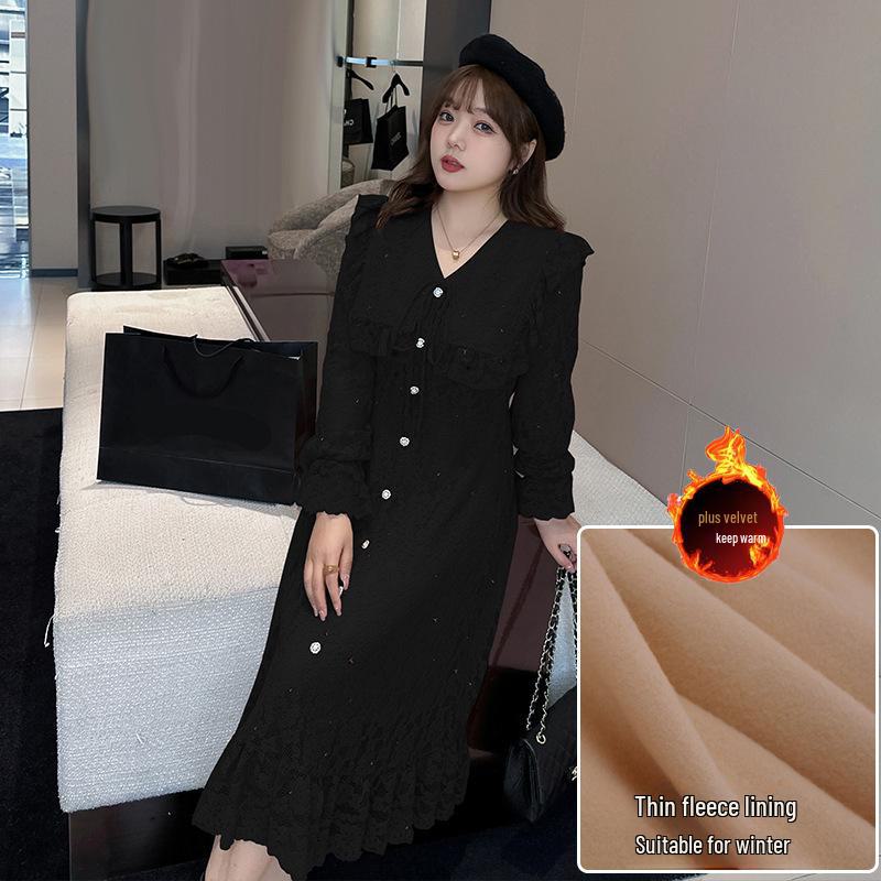 

Женское кружевное платье большого размера с большим лацканом, длиной до колена, с вельветовыми акцентами 1XL