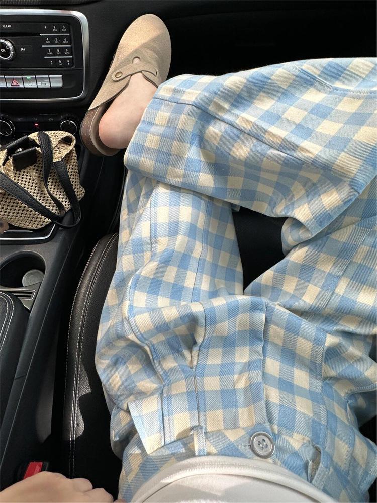 Women s 2025 Winter Blue Plaid Wide-Leg Relaxed Pants XL