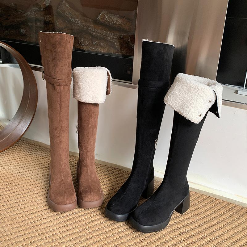 Autumn and winter new two wear velvet knight boots button thick high heel thin boots knee boots versatile pile boots