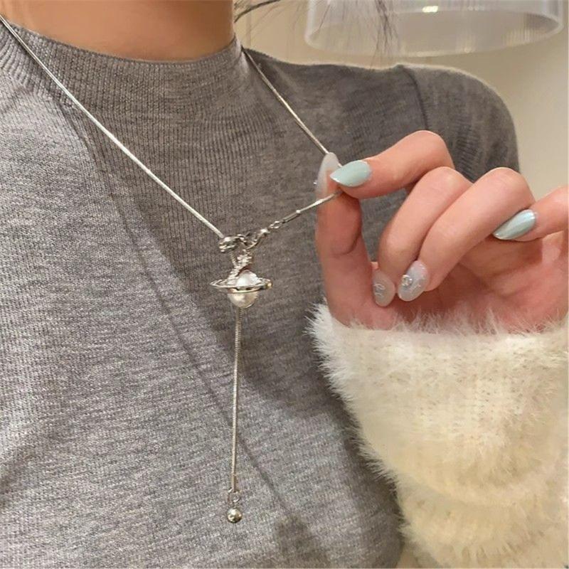Elegant Moon and Star Tassels Long Necklace Adjustable Collarbone Chain for Versatile Styling Alloy Neck Jewelry