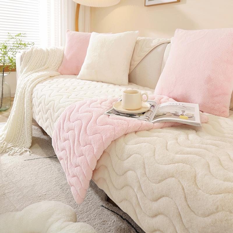 Thick Plush Striped Winter Sofa Cushion - Non-Slip, Soft, Imitation Rabbit Fur